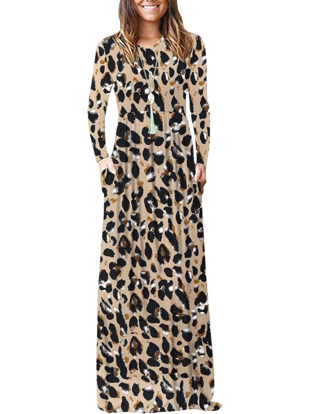 Women's Khaki Leopard Crew Neck Long Sleeve Pull On Soft Pocket Maxi Dresses